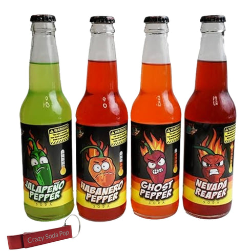 Rocket Fizz Hot Pepper Sodas | Mixed 4 Pack of Spicy Flavors | Handle