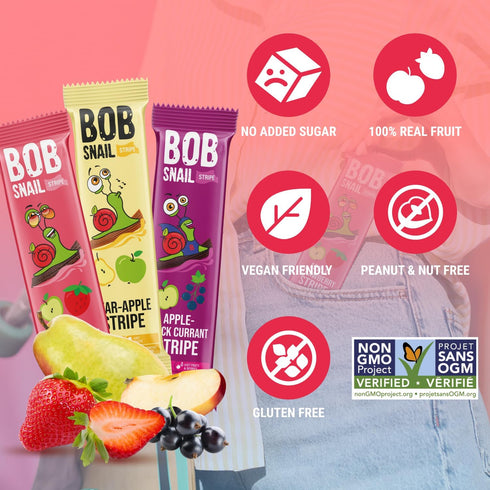 Adults30 Pack BOB SNAIL Healthy Fruit Snacks for Kids and Fruit Leather Snacks with Apple-Pear, Strawberry, Black