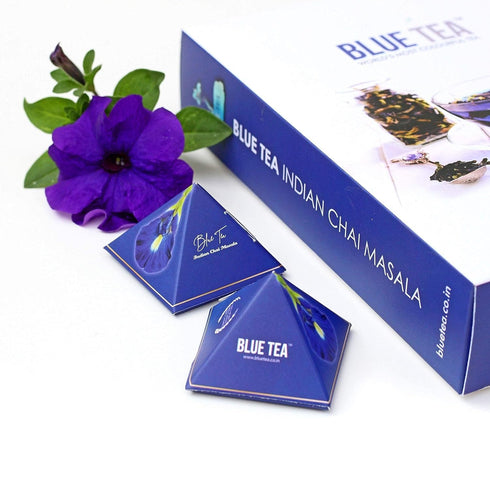 BLUE TEA Indian Chai Masala - 12 Count Pyramid Plant Based Tea Bag | Butterfly Pea Flower & Indian Spices | Caffeine