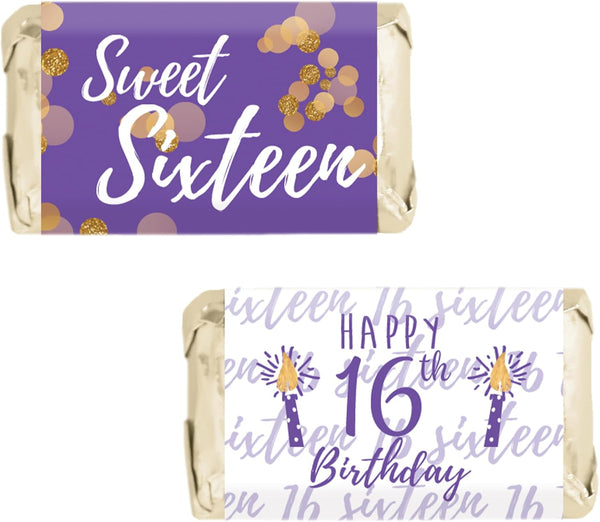 Sweet 16 Birthday Party Mini Chocolate Candy Bar Wrappers - Purple and Gold - 42 Stickers for Sweet Sixteen Favors
