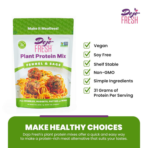 31g (8 oz) Dojo Fresh Fennel & Sage Plant Protein Mix (Wheat-Based, Seitan-Style) Protein-Rich Crumbles for Pan-Fry