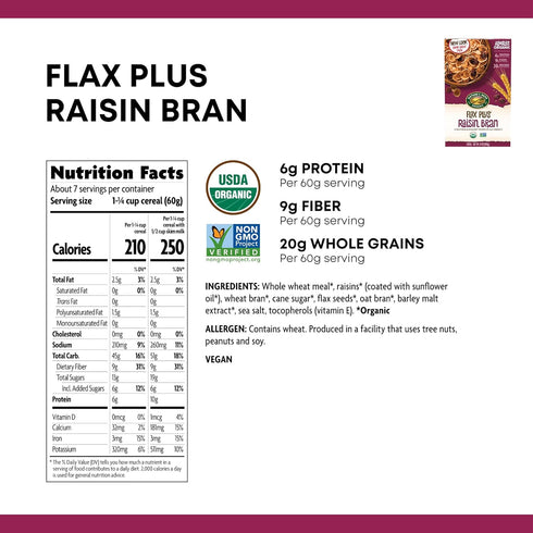 14 20g Omega-3 (Pack 4) Nature's Path Organic Flax Plus Raisin Bran Cereal, Ounce, Non-GMO, Whole Grains, with Rich