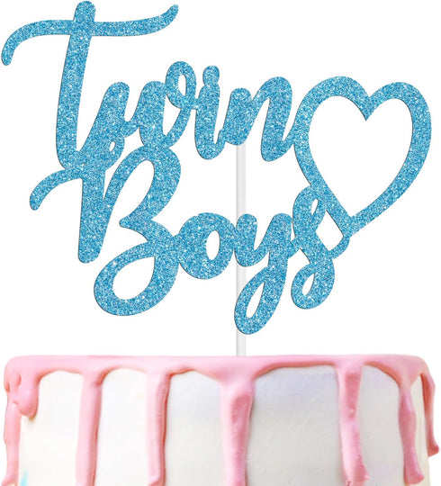 Baby Shower Cake Decor for Boy, Twin Boys Cake Topper, Blue Glitter, Oh Babies/Gender Reveal/Babies 1st Birthday Party