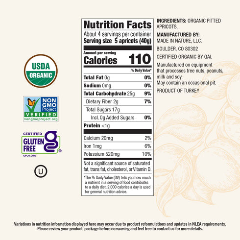 6 (Pack 6) Made In Nature Organic Dried Apricots, Ounce of Vegan Snack, Non-GMO, Unsulfured, Gluten Free, Kosher