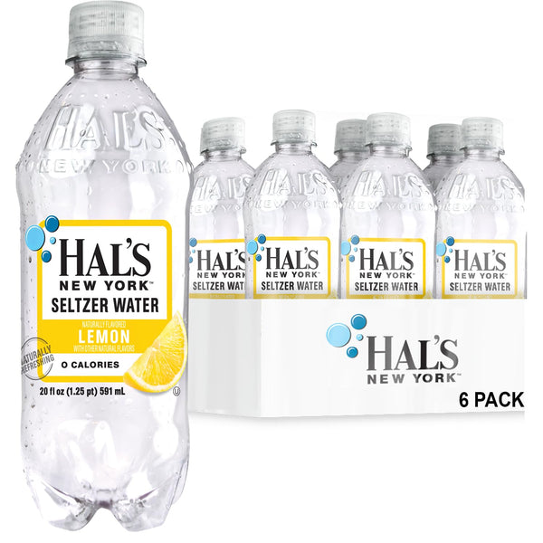Hal's New York Seltzer Water, Lemon Sparkling Water, 20 Fl Oz Bottle (Pack of 6)