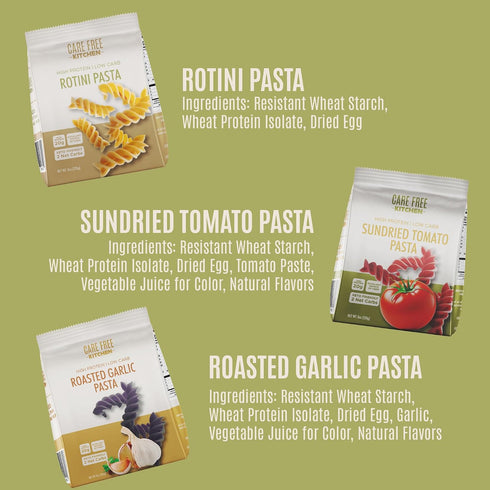3-Pack (8 oz. 20g 2g 26g Care Free Kitchen Rotini Keto Pasta Noodles Variety Bags) Plain, Sundried Tomato, Roasted