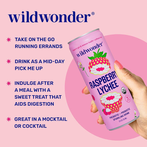 12pk, Immune 5g 12 Pack, 12oz NEW! wildwonder Sparkling Probiotic Drink For Gut Health & Support, Raspberry Lychee