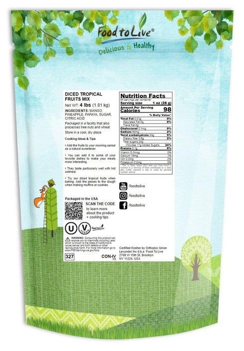 4 Food to Live Diced Fruits Mix, Pounds - Contains Dreid and Diced Mango, Pineapple, Papaya. Sweetened, Unsulfured