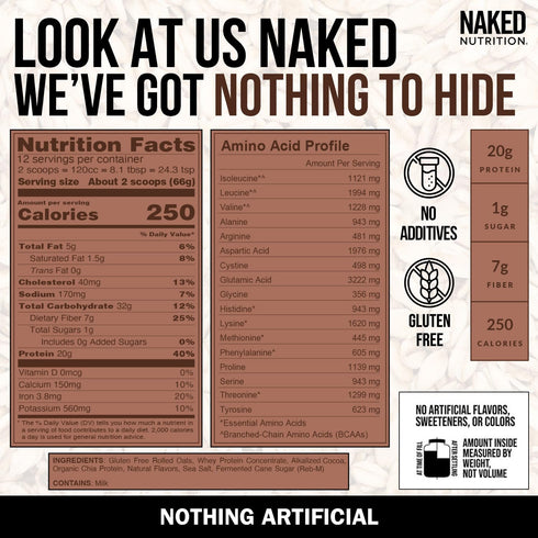 20g 12 Naked Oats - Double Chocolate Overnight Oats, Grass-Fed Protein, Gluten-Free Oatmeal Instant Breakfast or Shake