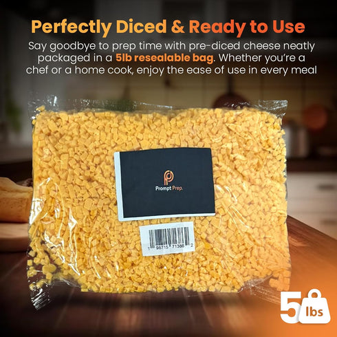 5 lb. 1/4 inch Prompt Prep High Temperature Diced Yellow Cheddar Cheese, Bag, diced Cube, Cheddar Cheese For Grilling