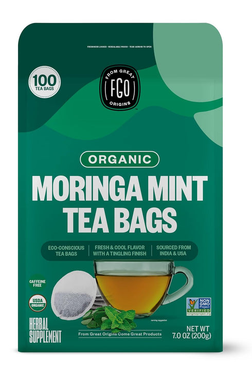 FGO Organic Moringa Mint Tea, 100 Count, Eco-Conscious Herbal Tea Bags, Caffeine Free, Resealable Bag (Pack of 1)