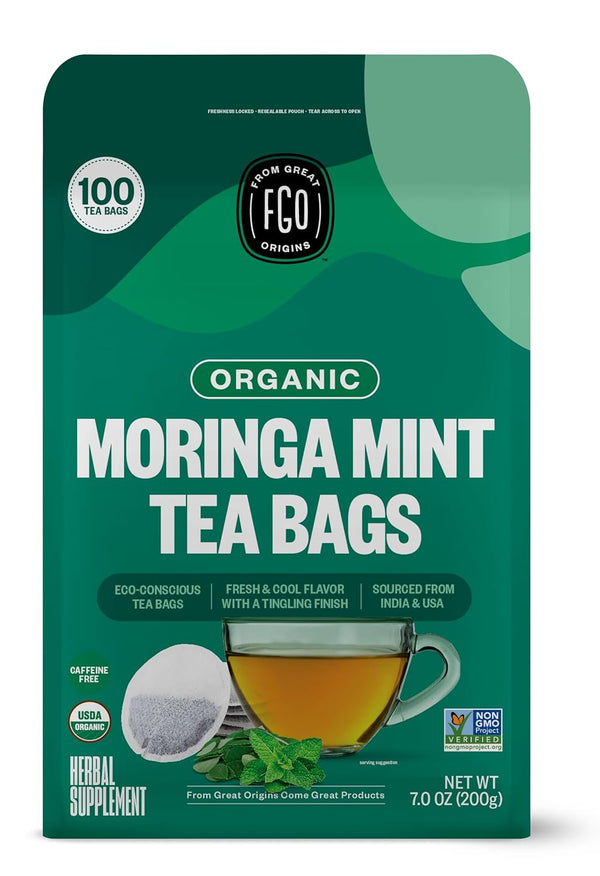 FGO Organic Moringa Mint Tea, 100 Count, Eco-Conscious Herbal Tea Bags, Caffeine Free, Resealable Bag (Pack of 1)