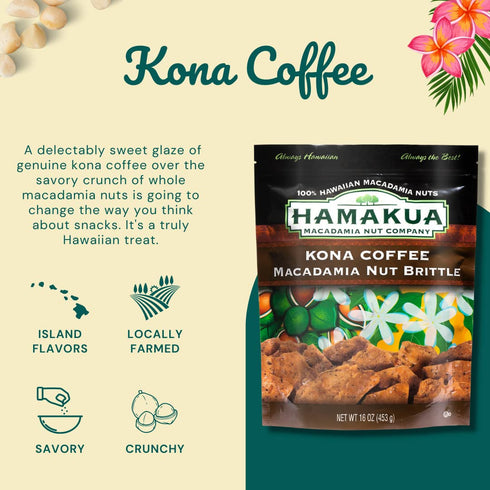 Hamakua Macadamia Nuts - Sweet Glazed Kona Coffee - Hawaiian Grown Flavored Dry Roasted Half and Whole Macadamias