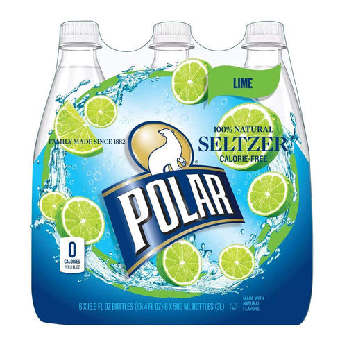 Polar Seltzer Polar 100% Natural Calorie-Free Seltzer Water, 500ml (16.9oz) Bottles (Lime, Pack of