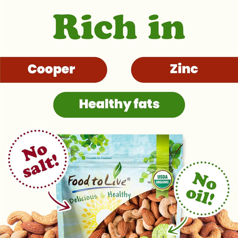 8 Food to Live Organic Dry Roasted Almonds and Cashews Mix, Ounces Unsalted Oven Roasted Nuts, Non-GMO, Protein Rich