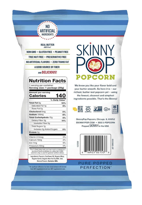 12ct, 1oz SkinnyPop Butter Popcorn , Individual Snack Size Bags, Skinny Pop, Healthy Popcorn Snacks, Gluten Free