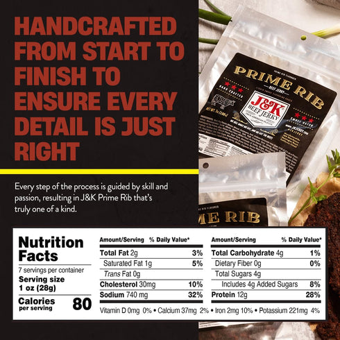 7oz J&K Jerky Prime Rib Beef Jerky - Authentic American Made Slab Jerky for a Delicious Protein Snack - Big Bag