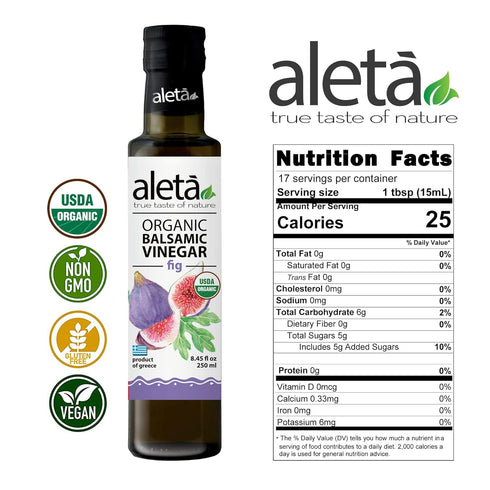 Aleta 8.45 oz Farms Fig Balsamic Vinegar, Greek Organic Flavored Vinegar, USDA Organic, Perfect for Salad Dressings