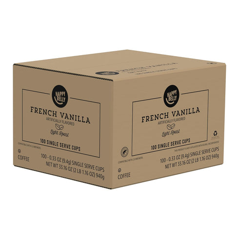Amazon Brand Happy Belly 100 Count Light Roast Coffee Pods, French Vanilla Flavored, Compatible with Keurig