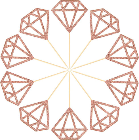 50 Pack Rose Gold Glitter Diamond Donut Ring Cupcake Topper Picks for Engagement Bridal Shower Party Decorations