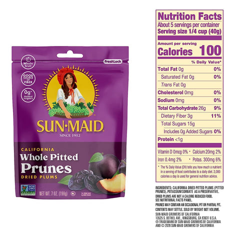 (4 Pack) 7 oz Sun-Maid California Sun-Dried Whole Pitted Prunes - Resealable Bag - Dried Plums - Dried Fruit Snack