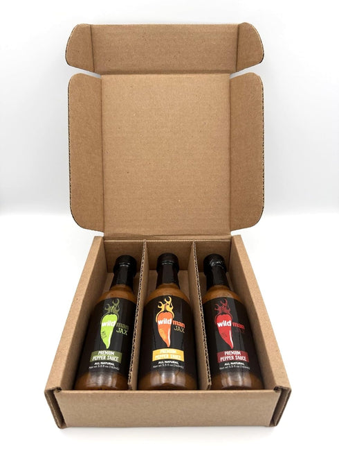 Wildman Jax 3 Pack 5.5 oz Pack) Premium Pepper Sauce Variety - Mild, Medium, Hot - Bottles (Variety