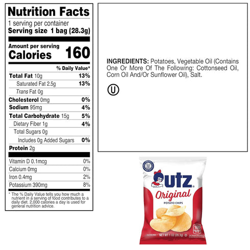 1 Oz 42 Count Utz Original Bags, Crispy Potato Chips Made from Fresh Potatoes, Crunchy Individual Snacks to Go