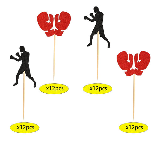 48Pcs Black Red Glitter Boxing Gloves Cupcake Toppers - Boxer Birthday Party Decorations, Fitness Cupcake Picks