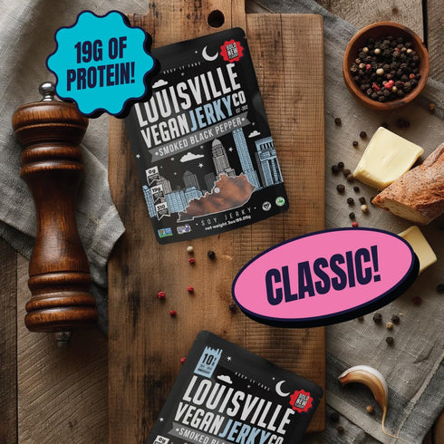Louisville Vegan Jerky, Smoked Black Pepper, 19 Grams Non-GMO Soy Protein, Gluten-Free High Protein Snacks, 3 oz, 3 Pack