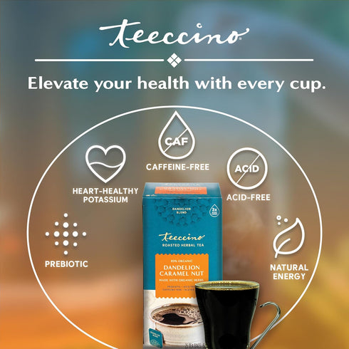 Teeccino Dandelion Caramel Nut Tea, 25 Tea Bags, Caffeine Free, Herbal Tea with Prebiotics