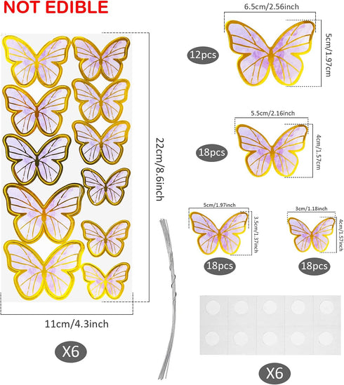Set of 66 Pack Mixed Size & Colour Purple Gold Cupcake Toppers 3D Butterfly Cake Picks with Dot Glue for Party