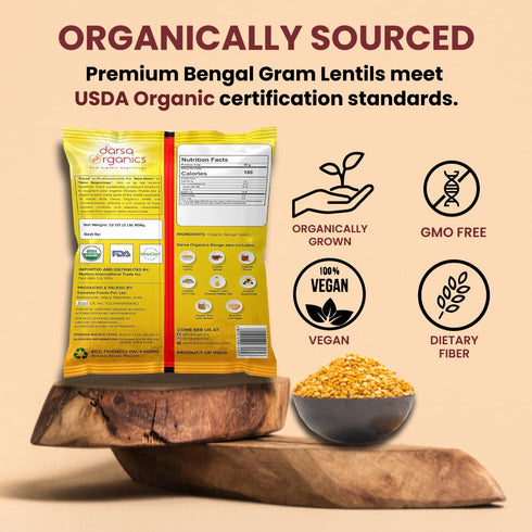 2 lb Darsa Organics Chana Dal USDA Organic Split Bengal Gram (Yellow Chickpeas), Non-GMO, Chemical-Free Yellow Lentils