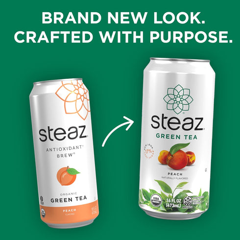 (12 Pack) 30mg 0 12 16 oz Steaz - Zero Sugar Organic Green Tea - Peach Mango Natural Caffeine, Calories, Sweetened Iced