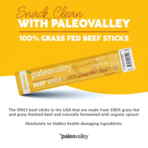Paleovalley 100% Grass Fed Teriyaki Beef Sticks - Delicious Gluten Free Snack, High Protein Keto Friendly