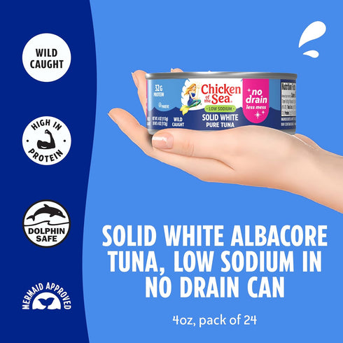 Albacore, 4 oz 24-Count 100% Chicken of the Sea Wild Caught Low Sodium Solid White Pure No Drain, Cans, High Protein
