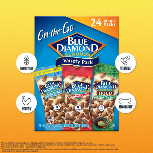 Pack 0.75 oz Packs, (Pack 1,24 Count Blue Diamond Almonds Snack Nut Variety for Kids, Office, School, On-the-go, Gluten