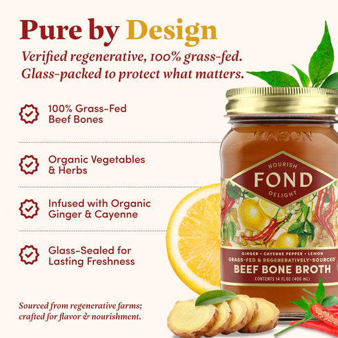 Slow-Simmered 14 oz (4-Pack) FOND Regenerative Grass Fed Beef Bone Broth Infused with Organic Ginger & Cayenne Beef
