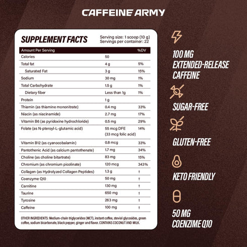 CoQ10 (7.8 oz 22 CAFFEINE ARMY Vanilla Latte | Functional Coffee with Collagen Peptides, MCTs, and Adaptogens: Clean