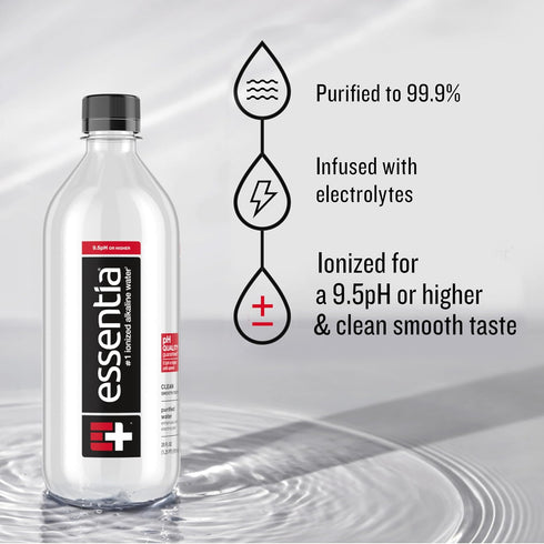 99.9% 9.5 20 Oz (Pack 24) Essentia Water LLC, Ionized Alkaline Bottled Water; Pure, Infused with Electrolytes, pH