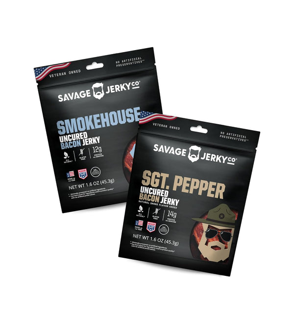 SAVAGE Uncured Bacon Jerky Variety - Smokehouse and Sgt. Pepper (Pack of