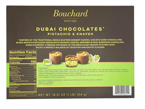 16.01 OZ (1 LB/454g) Bouchard Dubai Chocolates Pistachio & Knafeh