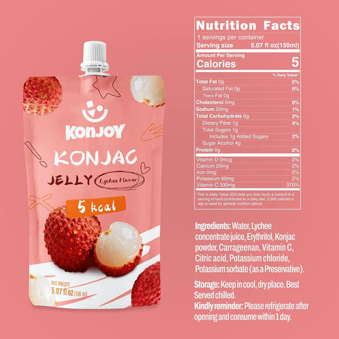 12 (5 KONJOY Konjac Jelly, Lychee Flavor Drinkable Jelly Squeeze Pouches Low Calorie kcal) Vegan Snack, Gluten-Free