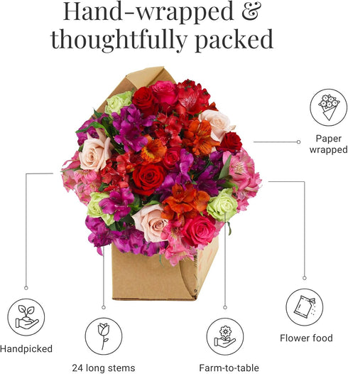 BloomsyBox Romantic Blooming Bouquet Fresh Mixed-Color Roses & Alstroemerias (Glass Vase Included) Fresh Flower
