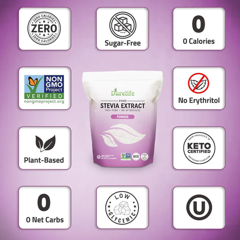 100% 8 oz 8 oz Durelife Pure stevia extract sweetener | No Erythritol, NON-GMO Project Verified, No Fillers, Zero