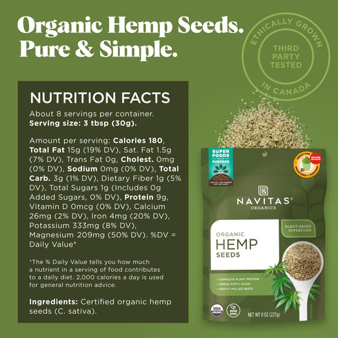 Navitas Organics Hemp Seeds - 8oz. Bag, USDA Organic, Non GMO, Gluten Free, Protein & Minerals for Smoothies