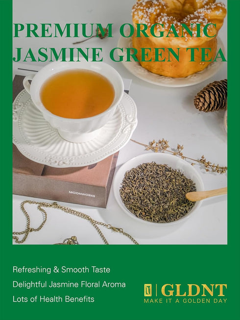 16 GLDNT Organic Jasmine Green Tea, Organic Jasmine Green Tea Loose leaf with Delightful Aroma, Delicate and smooth