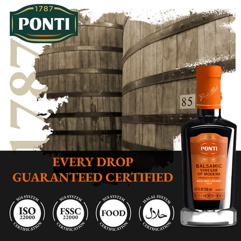 8.5Fl.Oz Ponti Rich & Creamy Balsamic Vinegar of Modena - Made for Rich Density and Lingering Flavor - Delizioso Paired