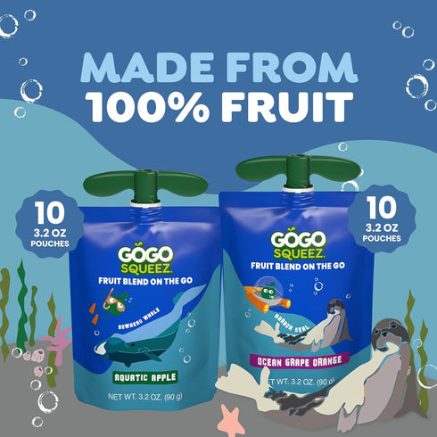 Pack, 3.2 oz (Pack 20), GoGo squeeZ No Sugar Added Applesauce and Fruit Puree Underwater Species Discovery Aquatic