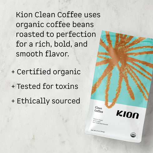 12 Oz (1 Pack) Kion Organic Whole Bean Coffee, Tested for Toxins, Ethically Sourced, Rich, Bold, and Smooth, Medium