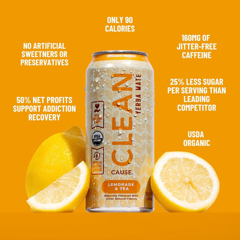 160mg (15.5oz 12-Pack CLEAN Cause Lemonade and Tea Yerba Mate Tea Non-Carbonated, USDA Organic Energy Drink